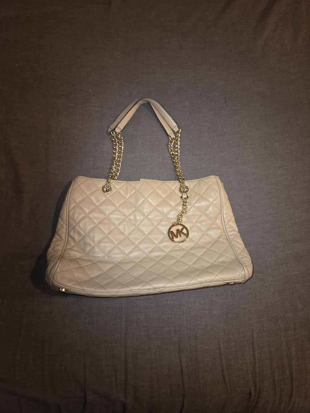 Michael Kors Quilted Chain Strap Tote Bag Beige Gold Hardware